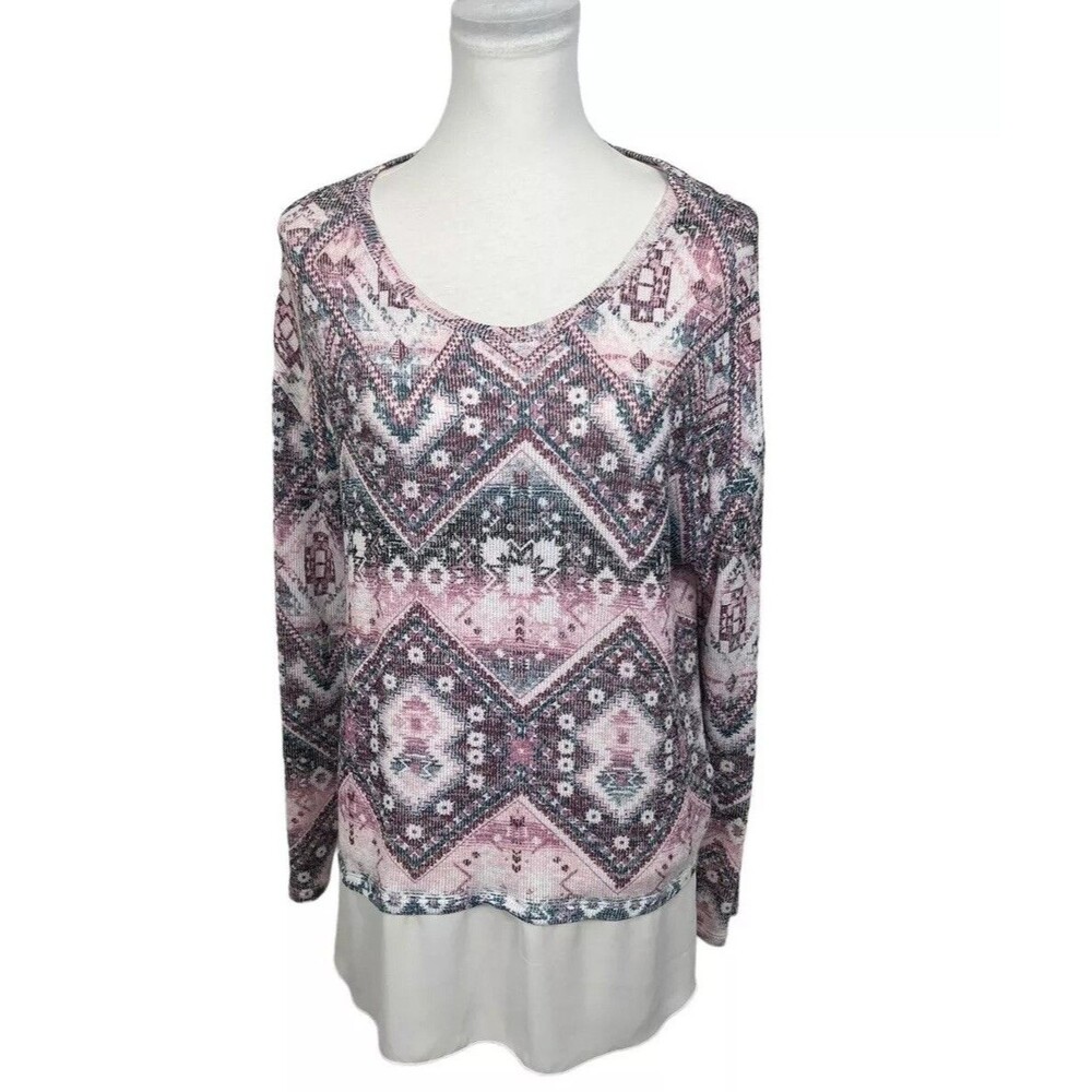 Kiara Multicolor Blouse Size L Chiffon Knit Overlay Aztec Print Long Sleeves Top